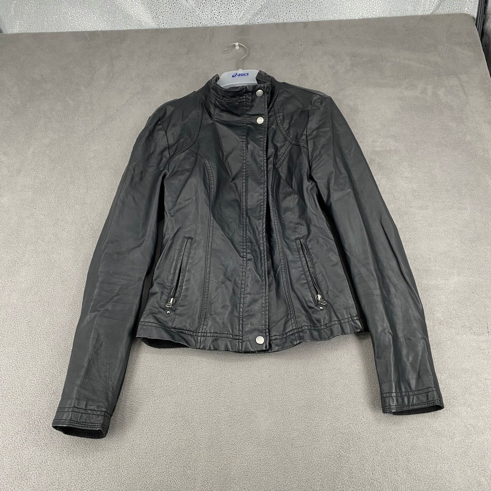 RD Style Faux Leather Moto Jacket Black Ribbed Knit Panels Size Small